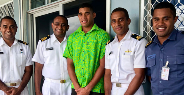 Fiji 7s player Meli Derenalagi hosted to morning tea by Fiji Naval Forces