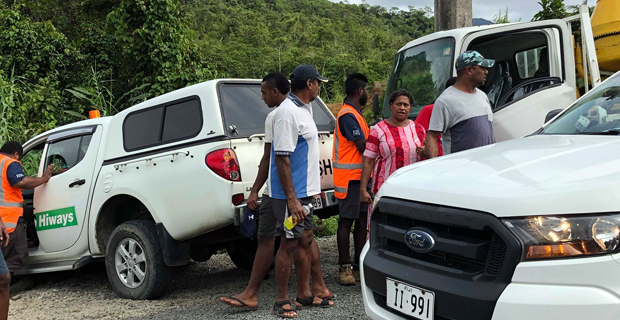 Fulton Hogan Hiways truck veers off-road after an accident near Lobau village 