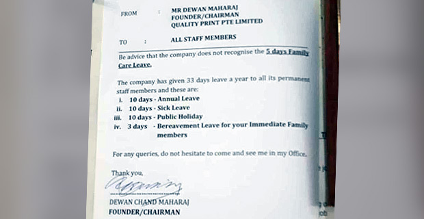 Employees of Quality Print PTE Limited denied 5 days Family Care Leave