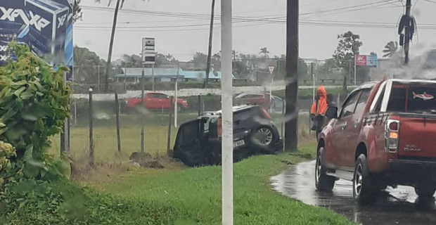 Car veers off road and lands in ditch this morning