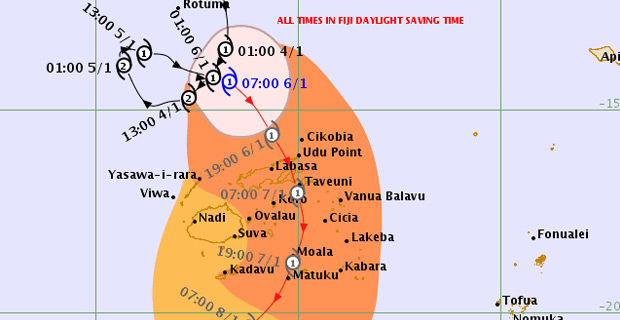 Tropical Cyclone Mona continues to track towards Fiji moving east-southeast at 16km/hr