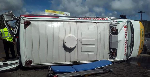 Ambulance overturns along Princes Rd in Sawani 