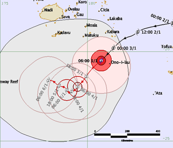 Tropical Cyclone Ula located 170km South of Kabara