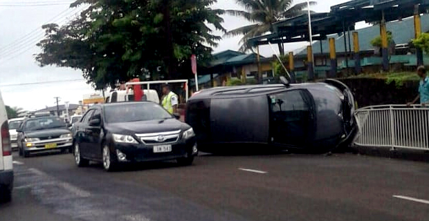 Car crashes into fence and overturns along Rewa Street