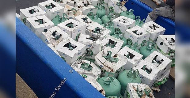 Revenue and Customs Service confiscates 50 R22 gas cylinders from a fishing vessel at the Suva Wharf 
