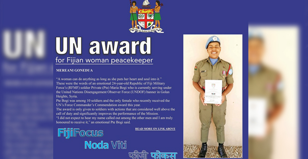  Fijian woman Private Maria Bogi receives UN’s Force Commander’s Commendation Award