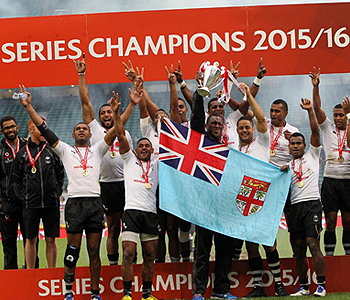 Fiji 7s team lifts the HSBC World 7s Series trophy for the third time