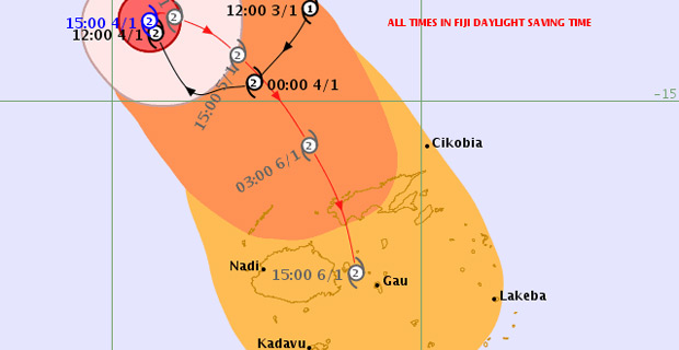 Category 2 Tropical Cyclone Mona making clockwise loop to track towards the Fiji group