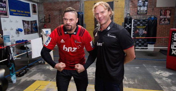 Crusaders coach presents Joseph Parker with a Crusaders jersey 