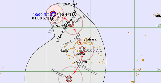 TC Mona moving North and forecast to turn East and then later track Southeast towards Fiji in the next 12-24 hours