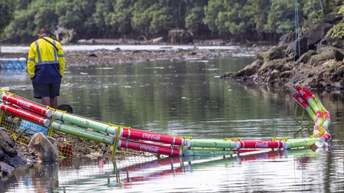 Trashboom barrier installed at Samabula River to stop waste entering the ocean